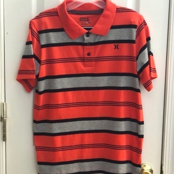 𝅺BOYS Hurley Orange gray and black striped collared short sleeve shirt lg 12-13 - Picture 1 of 8